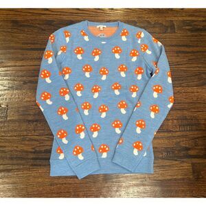 Manoush Brand blue orange women's wool mushroom print sweater XS EUC